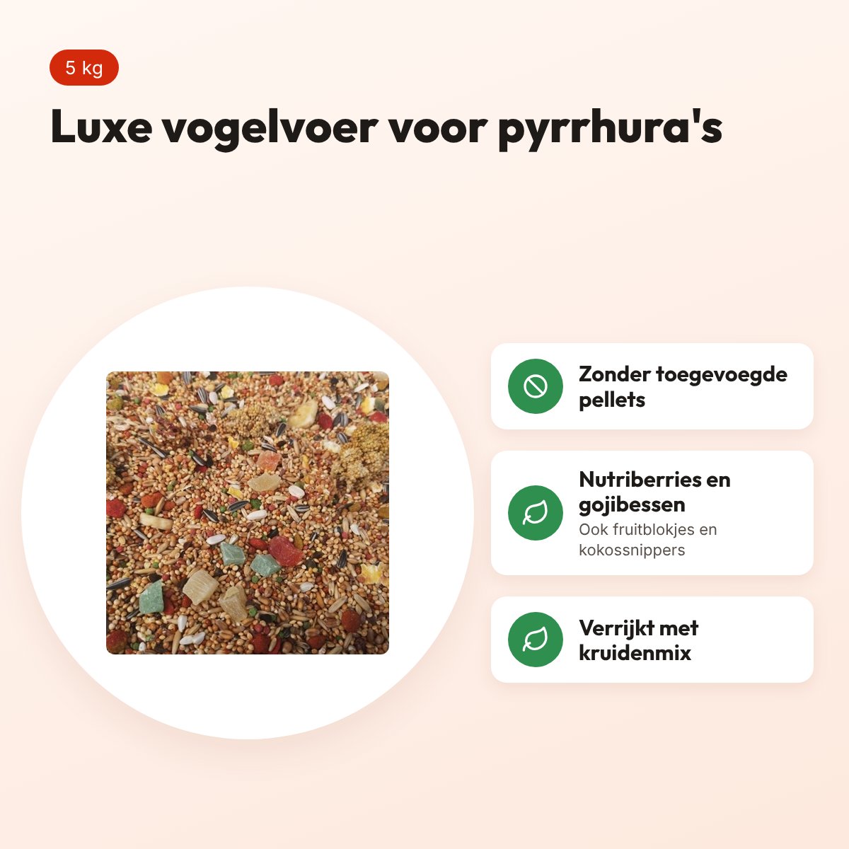 Hareco Pyrrhura Select vogelvoer zonder pellets 5 kg – luxe mengeling – voordelen