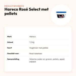Hareco Rosé Select vogelvoer met pellets 1,5 kg – voor Rosé kaketoes – productinformatie