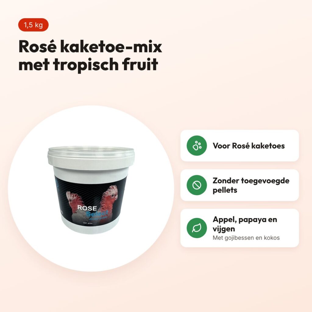 Hareco Rosé Select vogelvoer zonder pellets 1,5 kg – voor Rosé kaketoes – voordelen