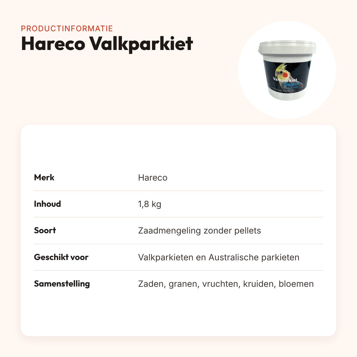 Hareco Valkparkiet vogelvoer zonder pellets 1,8 kg – productinformatie
