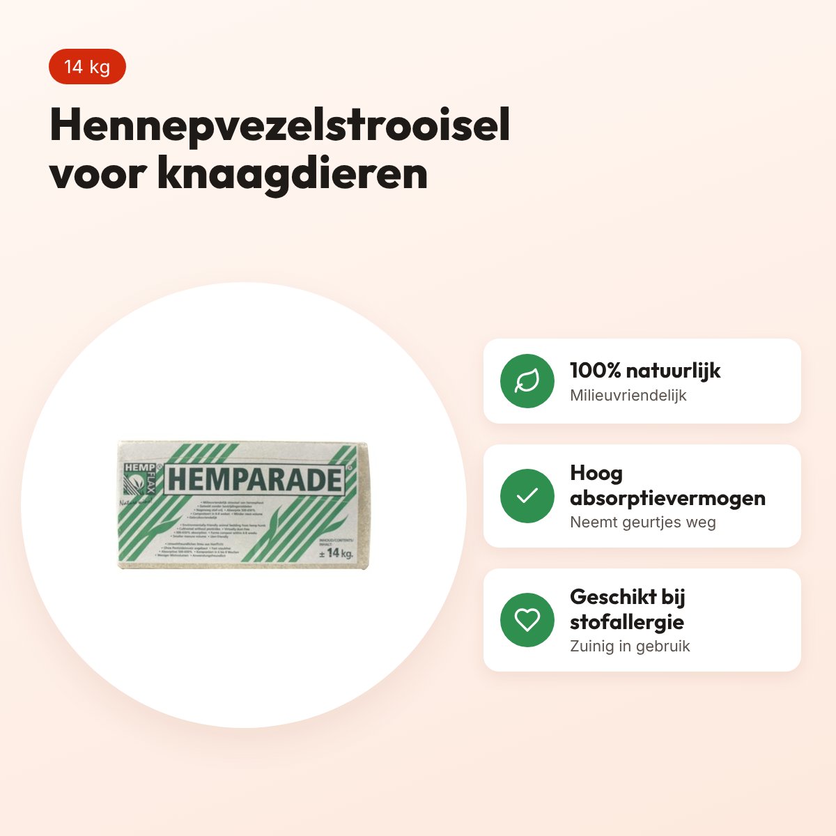 Hemparade hennepvezelstrooisel 14 kg – voor knaagdieren en vogels – voordelen
