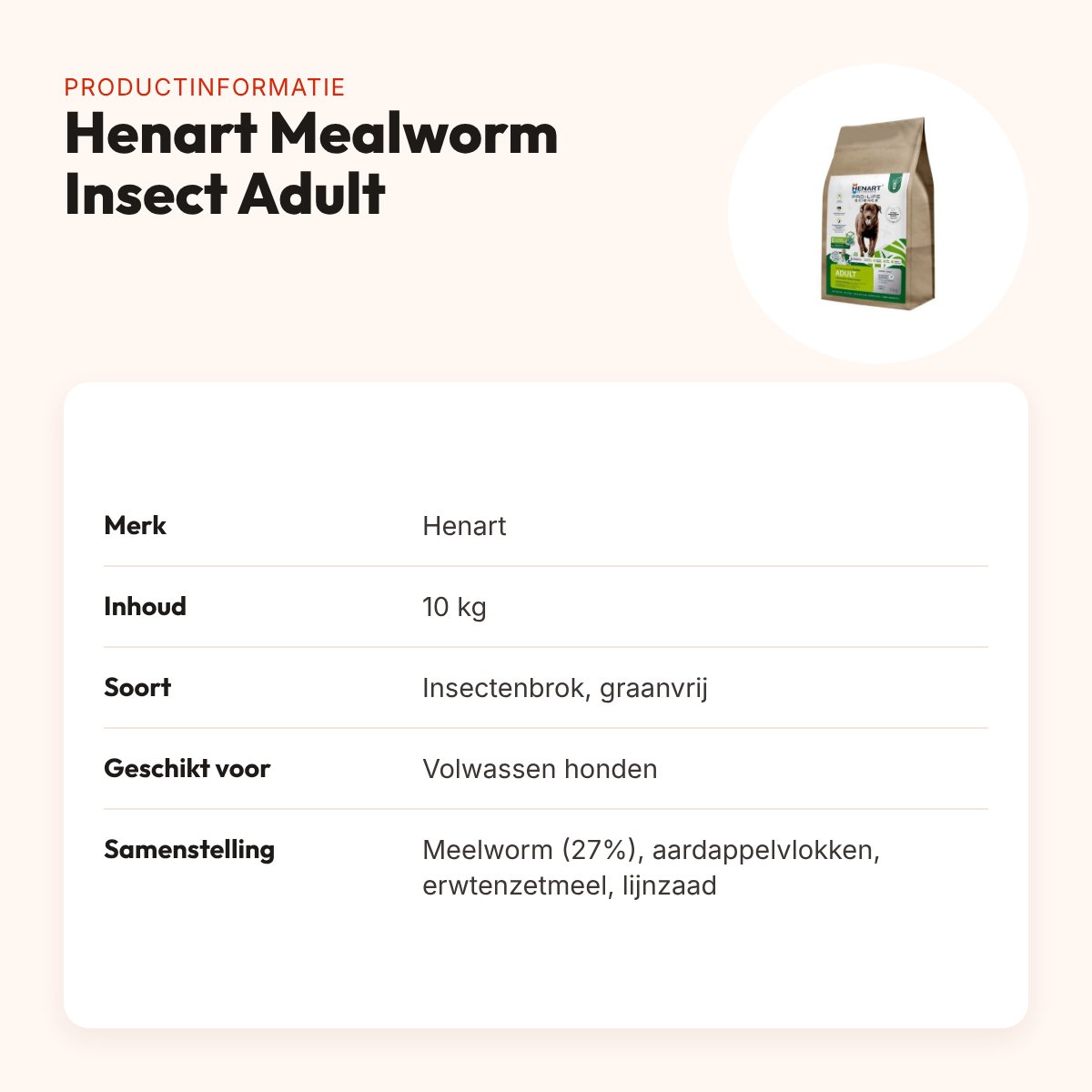 Henart hondenvoer Mealworm Insect Adult 10 kg – meelworm, graanvrij – productinformatie