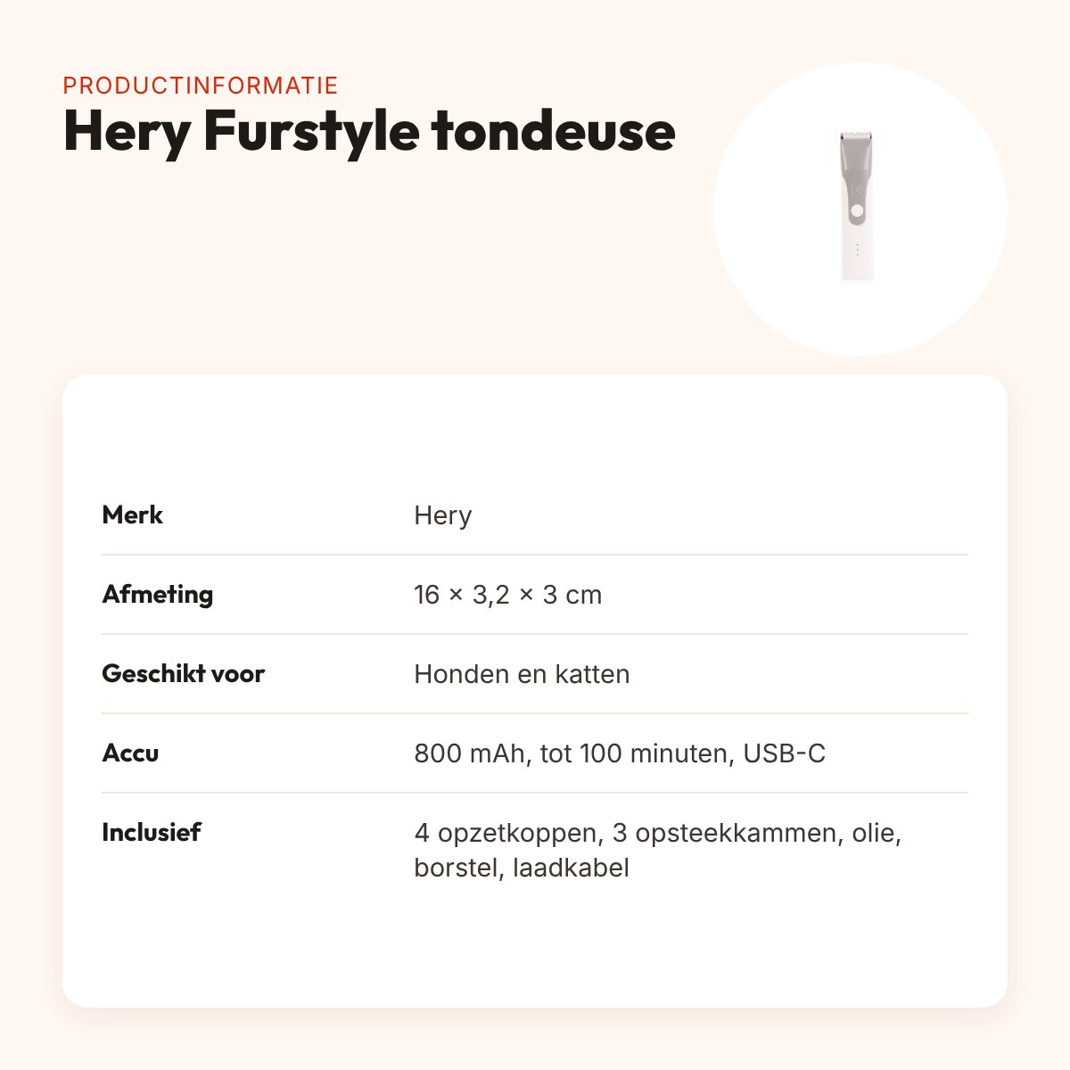 Hery Furstyle tondeuse voor hond en kat met 4 opzetkoppen – 800 mAh – productinformatie