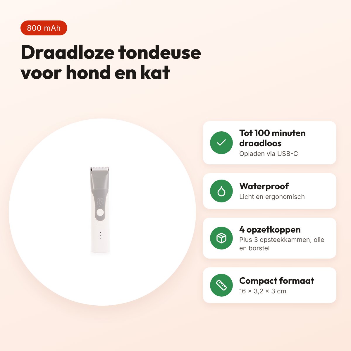 Hery Furstyle tondeuse voor hond en kat met 4 opzetkoppen – 800 mAh – voordelen