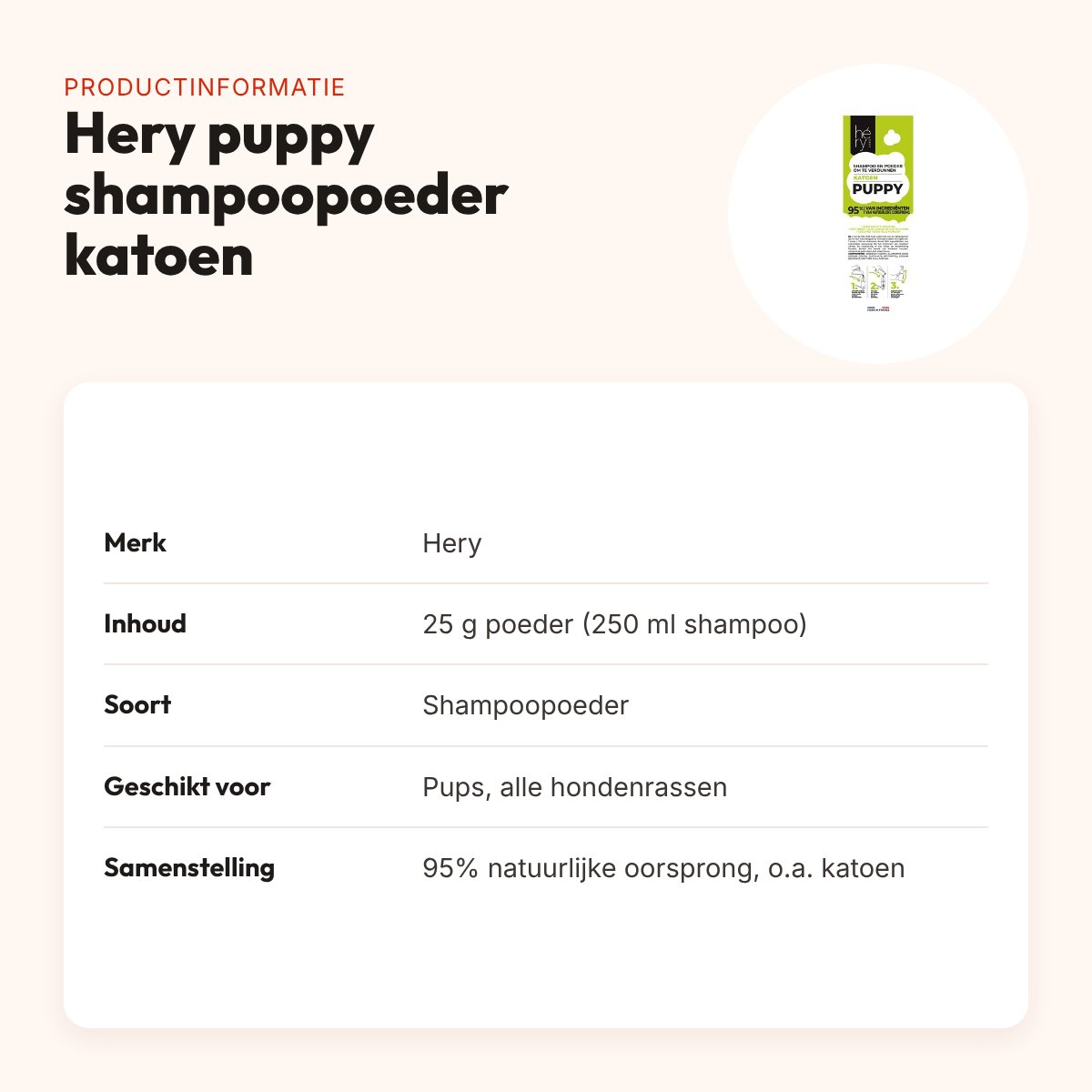 Hery puppy shampoopoeder katoen 25 g – milde reiniging – productinformatie