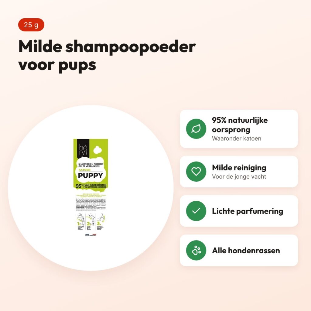 Hery puppy shampoopoeder katoen 25 g – milde reiniging – voordelen
