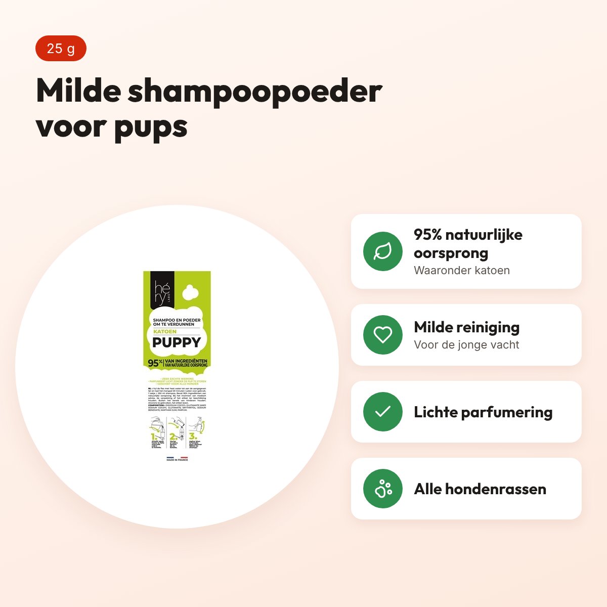 Hery puppy shampoopoeder katoen 25 g – milde reiniging – voordelen