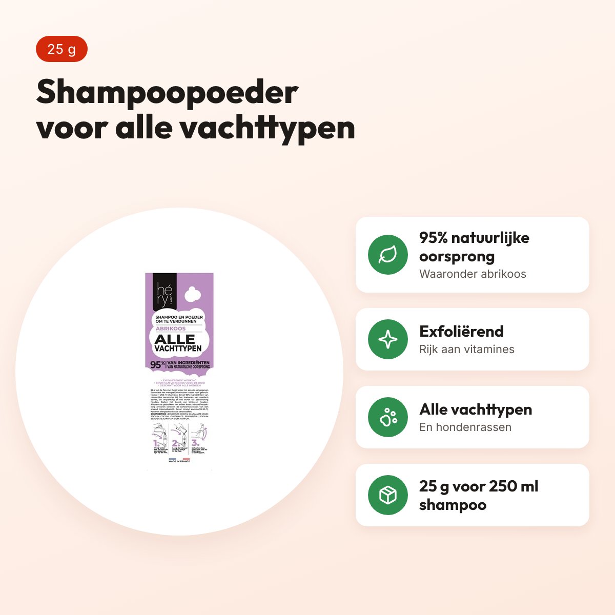 Hery shampoopoeder alle vachttypen abrikoos 25 g – voordelen