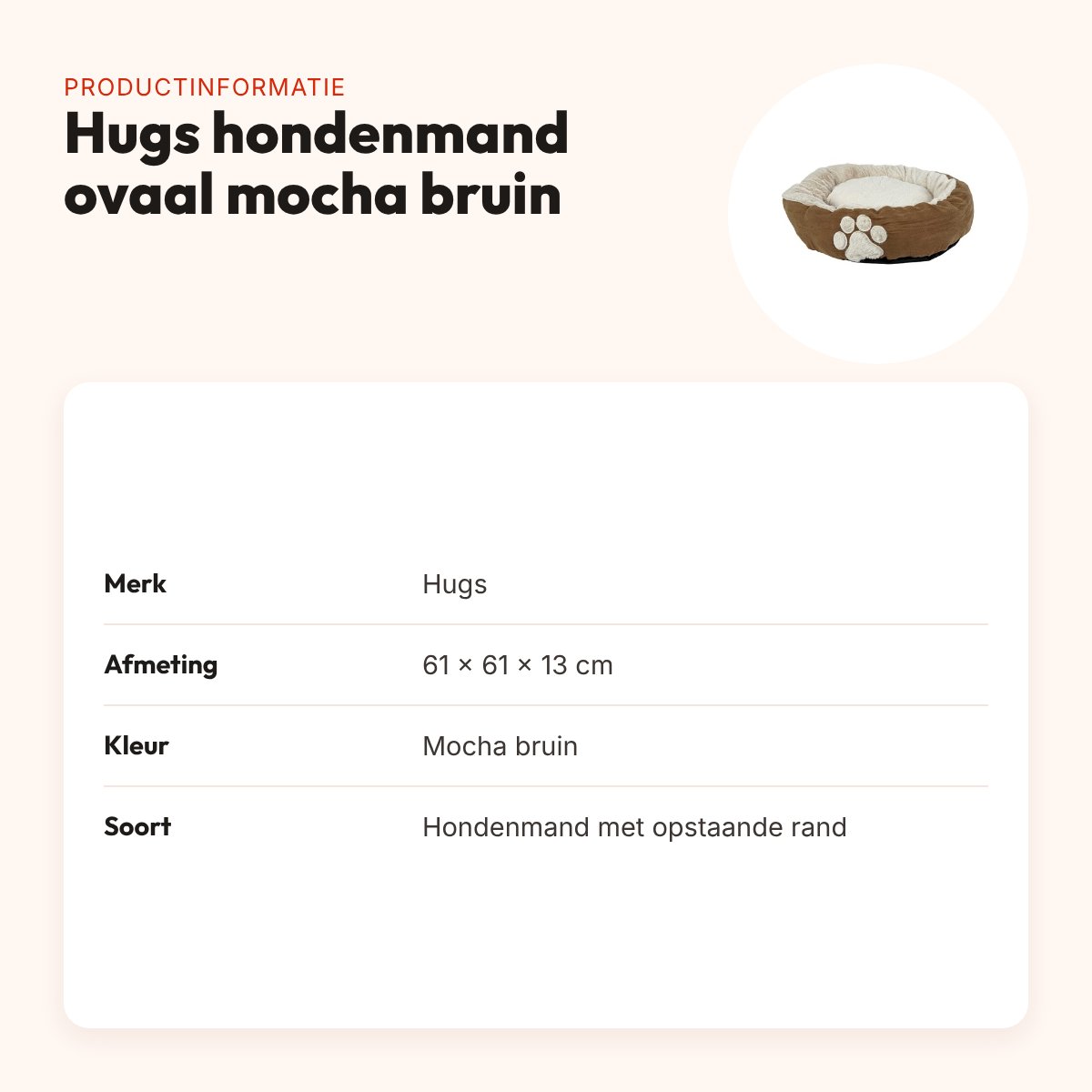 Hugs hondenmand ovaal mocha bruin 61 x 61 x 13 cm – zacht – productinformatie