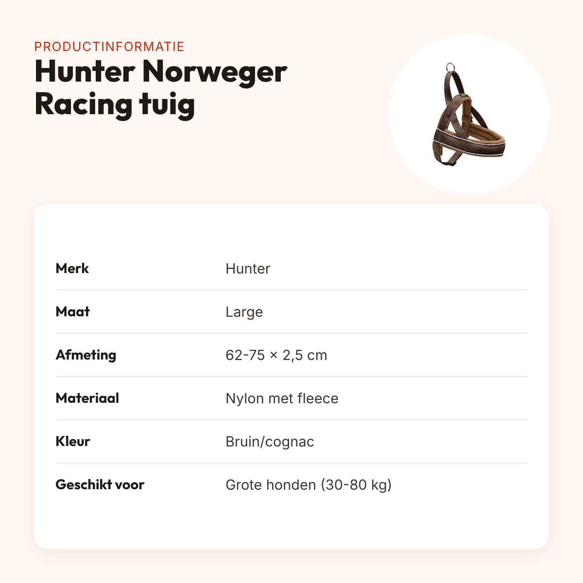 Hunter Norweger Racing hondentuig bruin/cognac Large 62-75 x 2,5 cm – productinformatie