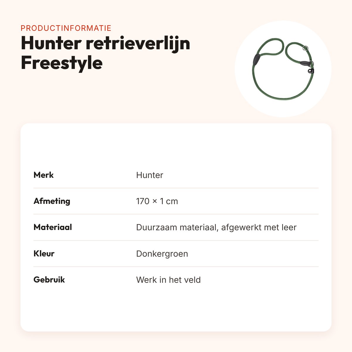 Hunter retrieverlijn Freestyle met stop donkergroen 170 x 1 cm – productinformatie