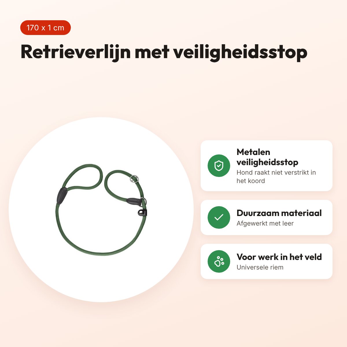 Hunter retrieverlijn Freestyle met stop donkergroen 170 x 1 cm – voordelen