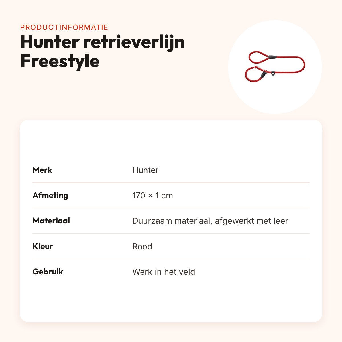 Hunter retrieverlijn Freestyle met stop rood 170 x 1 cm – productinformatie