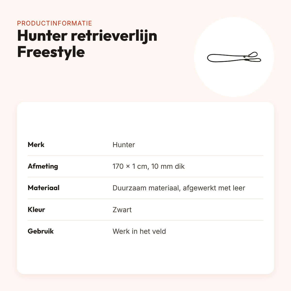 Hunter retrieverlijn Freestyle zwart 170 x 1 cm – 10 mm dik – productinformatie