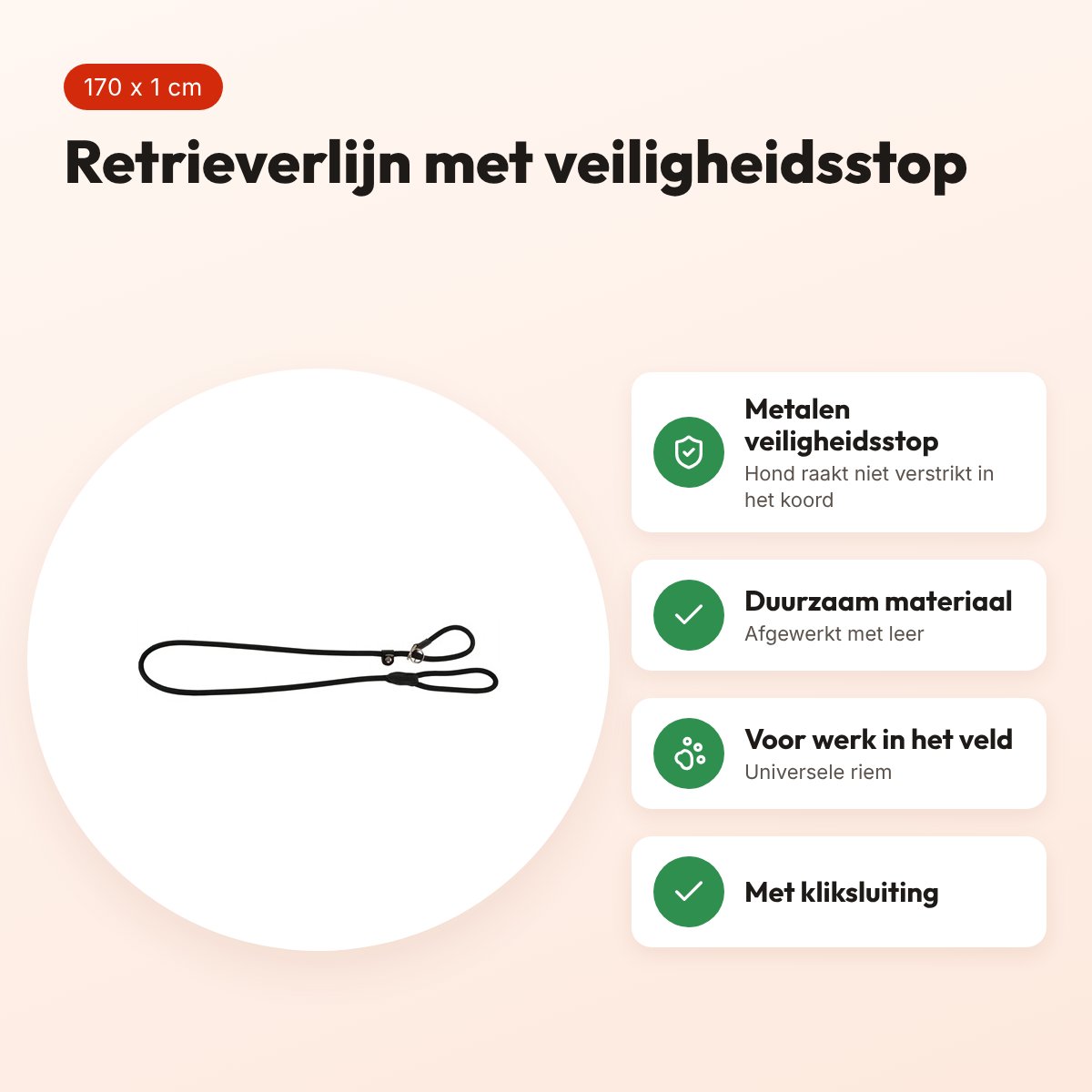 Hunter retrieverlijn Freestyle zwart 170 x 1 cm – 10 mm dik – voordelen