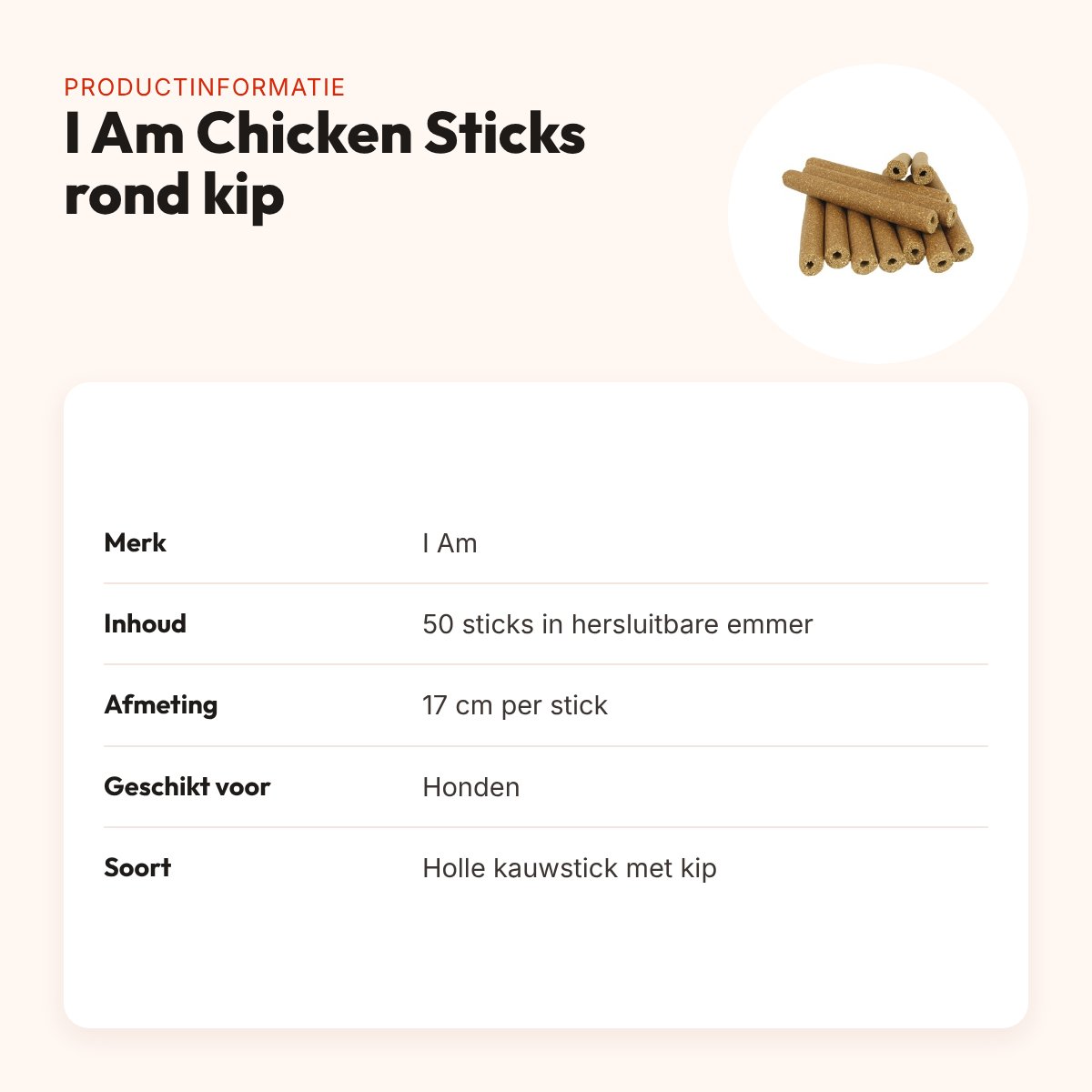I Am Chicken Sticks rond kip 17 cm – kauwsnack voor honden, 50 stuks – productinformatie