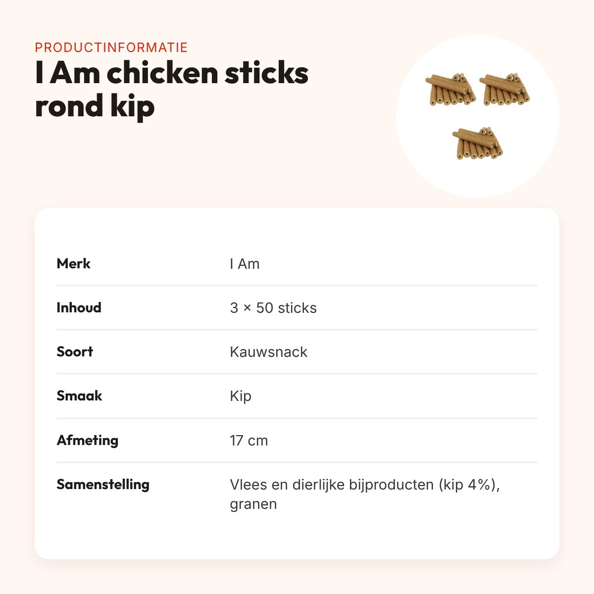 I Am chicken sticks rond kip kauwsnack hond 17 cm – multipack 3 x 50 stuks – productinformatie
