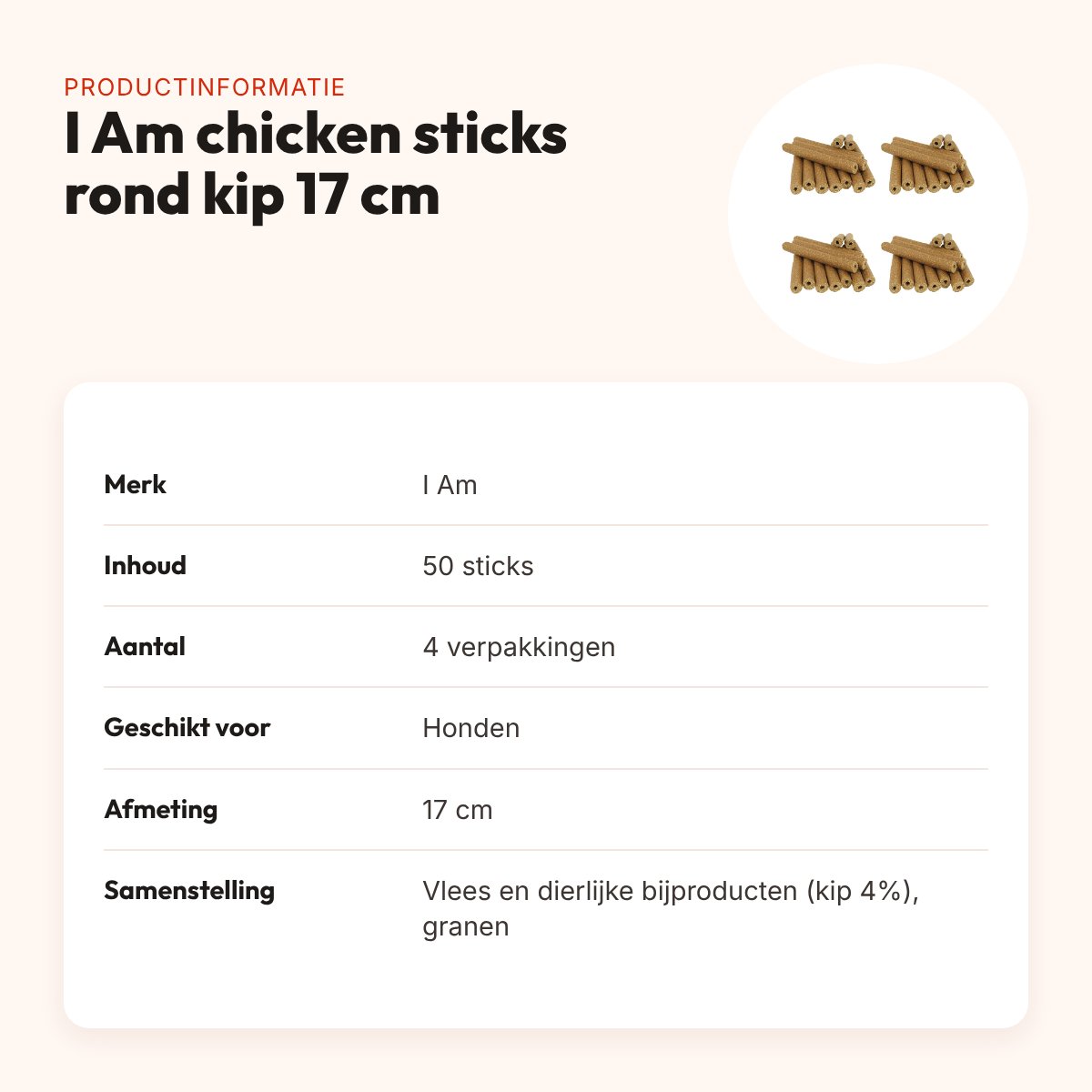 I Am chicken sticks rond kip kauwsnack hond 17 cm – multipack 4 x 50 stuks – productinformatie