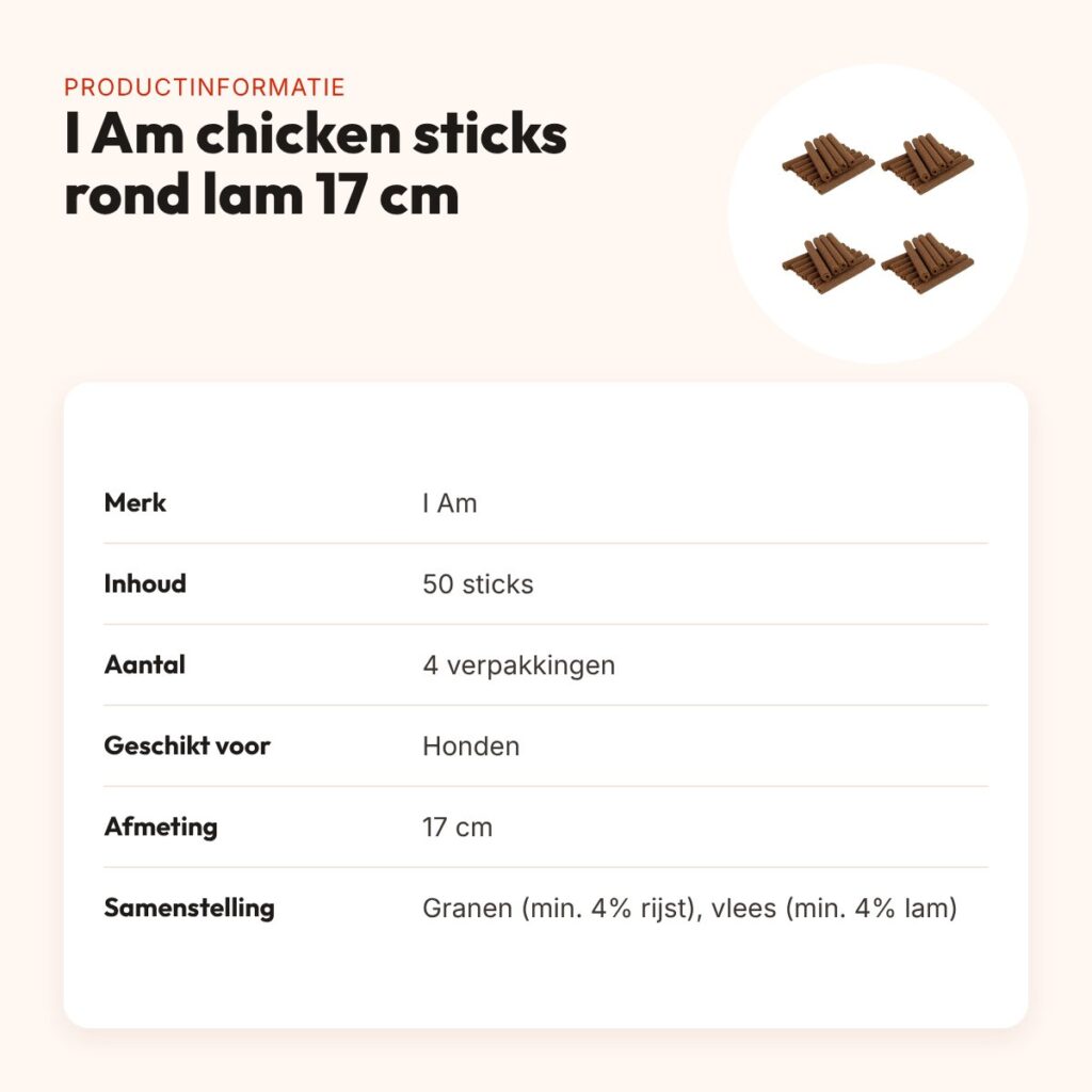 I Am chicken sticks rond lam hondenkauwsnack 17 cm – multipack 4 x 50 stuks – productinformatie