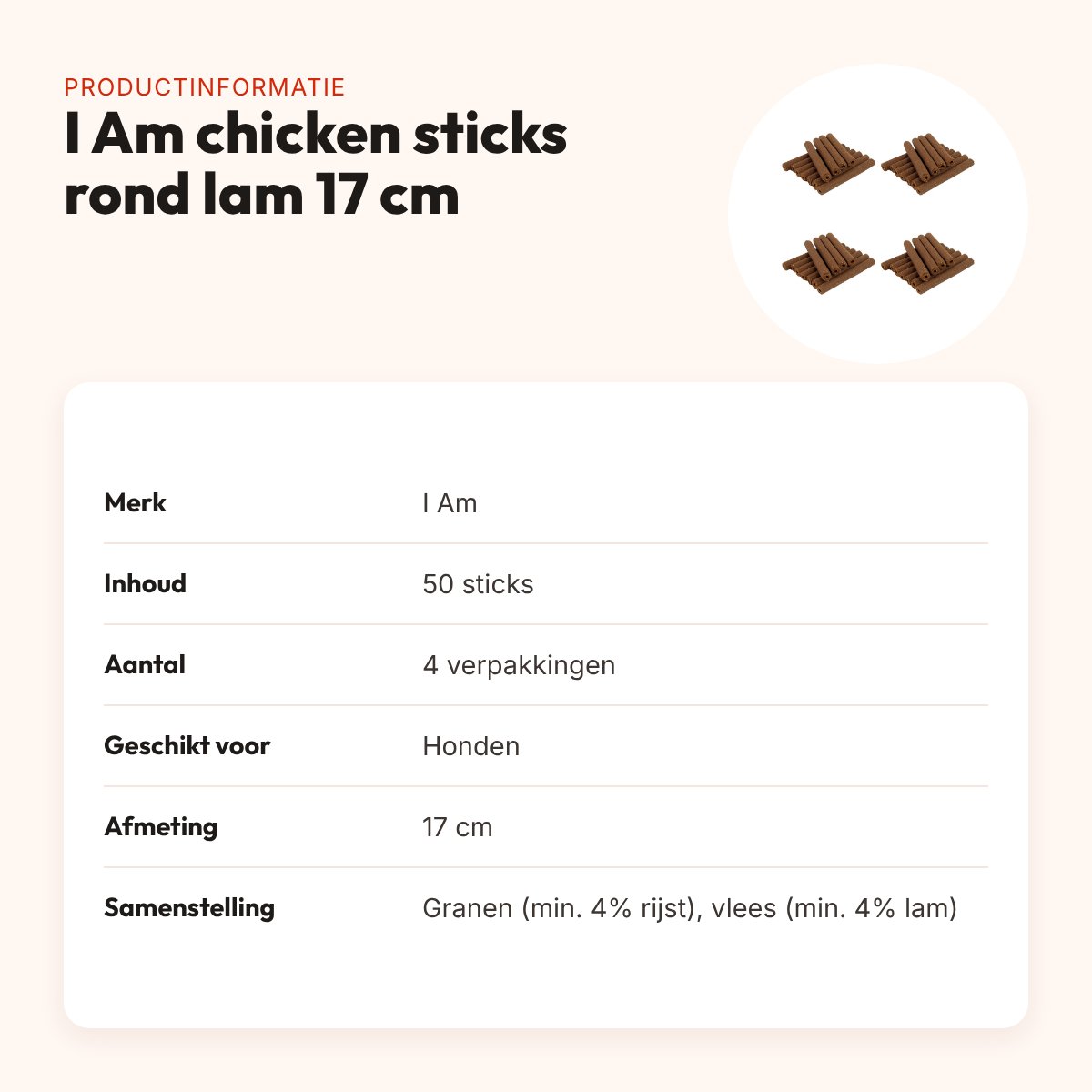 I Am chicken sticks rond lam hondenkauwsnack 17 cm – multipack 4 x 50 stuks – productinformatie