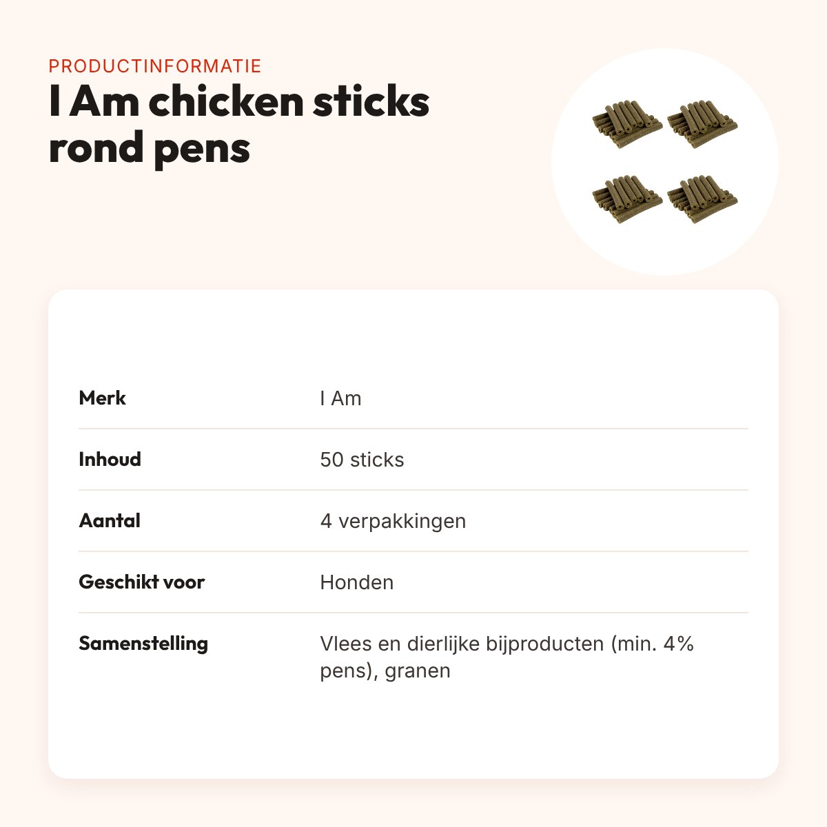 I Am chicken sticks rond pens kauwsnack hond – multipack 4 x 50 stuks – productinformatie
