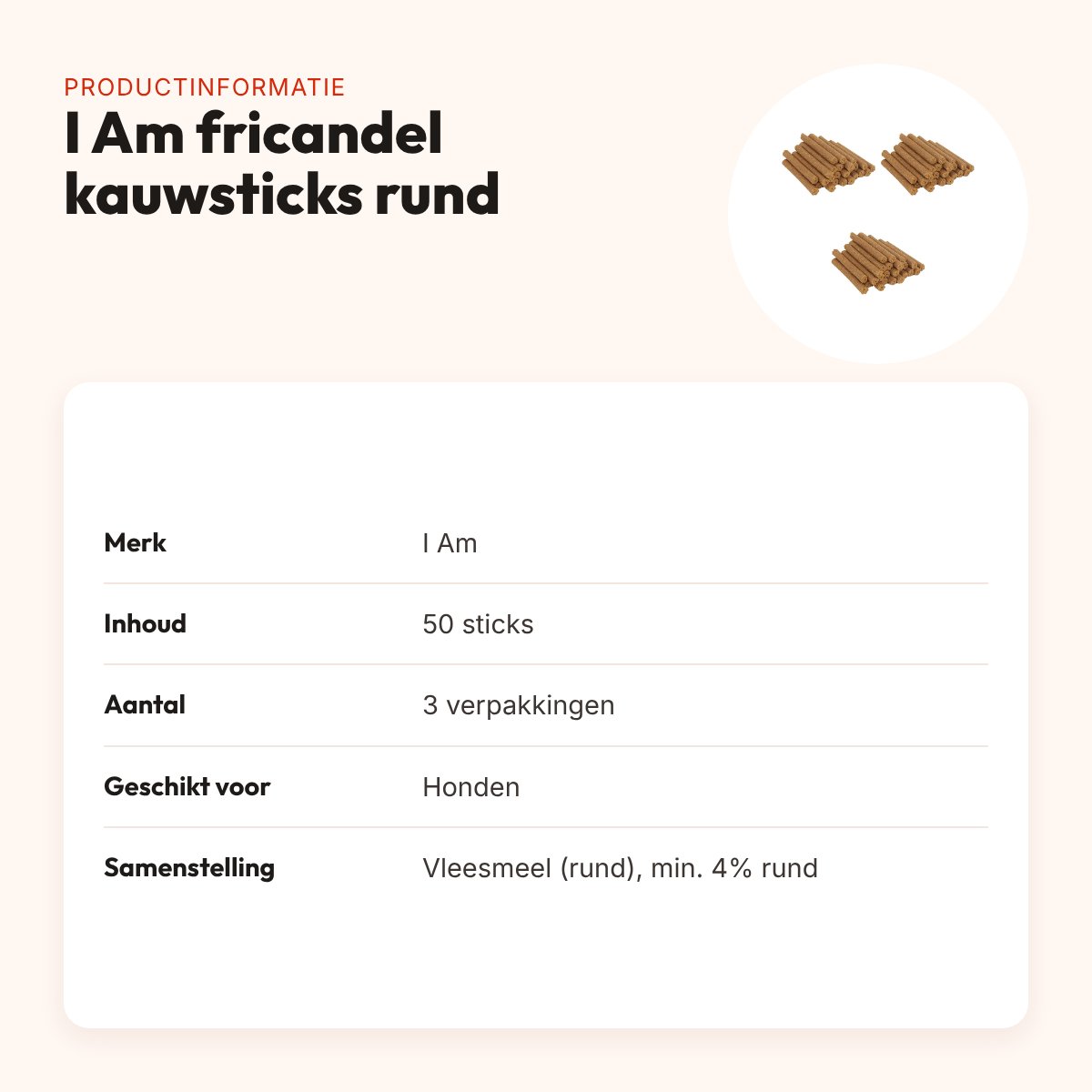 I Am hondenkauwsticks fricandel met rund – multipack 3 x 50 stuks – productinformatie