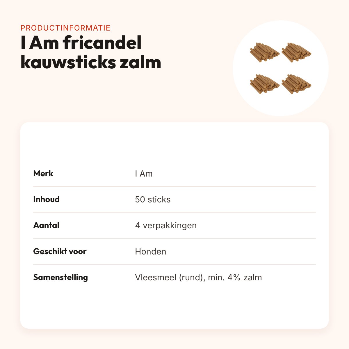 I Am hondenkauwsticks fricandel met zalm – multipack 4 x 50 stuks – productinformatie