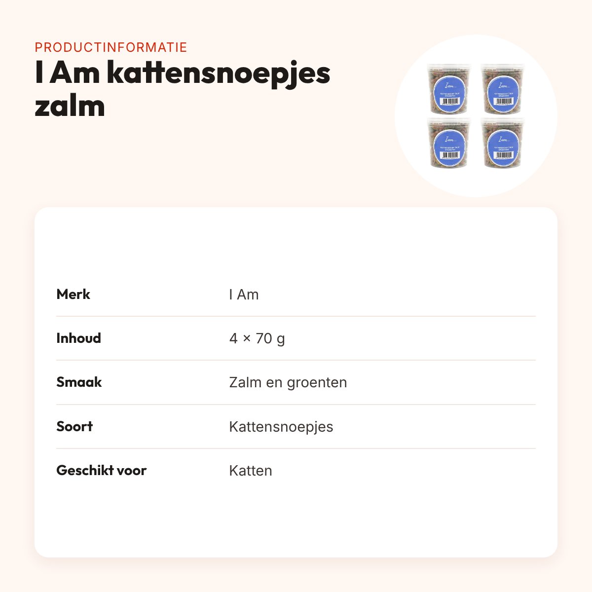 I Am kattensnoepjes zalm en groenten 70 g – multipack 4 stuks – productinformatie