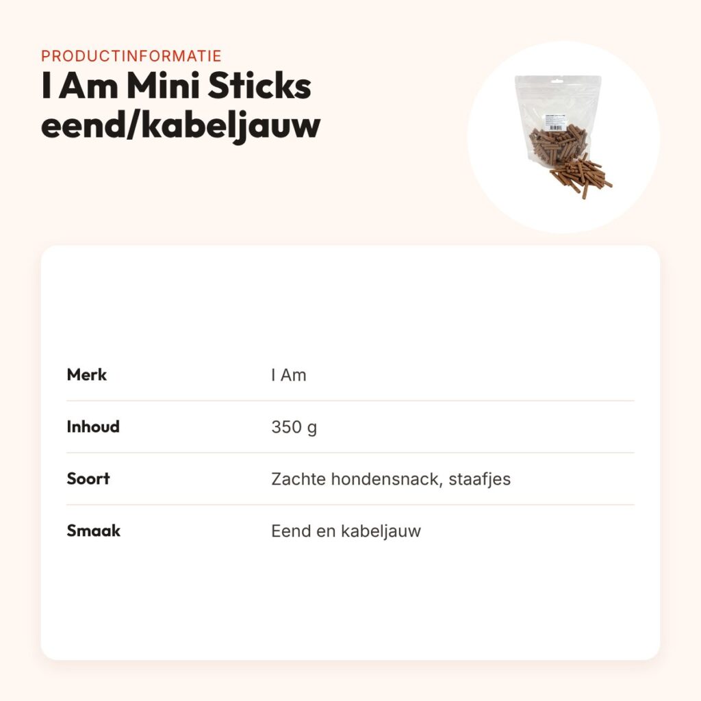I Am Mini Sticks eend en kabeljauw 350 g – zachte hondensnack – productinformatie