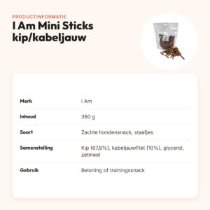 I Am Mini Sticks kip en kabeljauw 350 g – zachte hondensnack – productinformatie