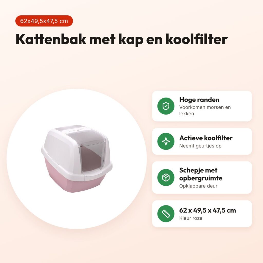 Imac kattenbak Maddy roze 62 x 49,5 x 47,5 cm – met kap en koolfilter – voordelen