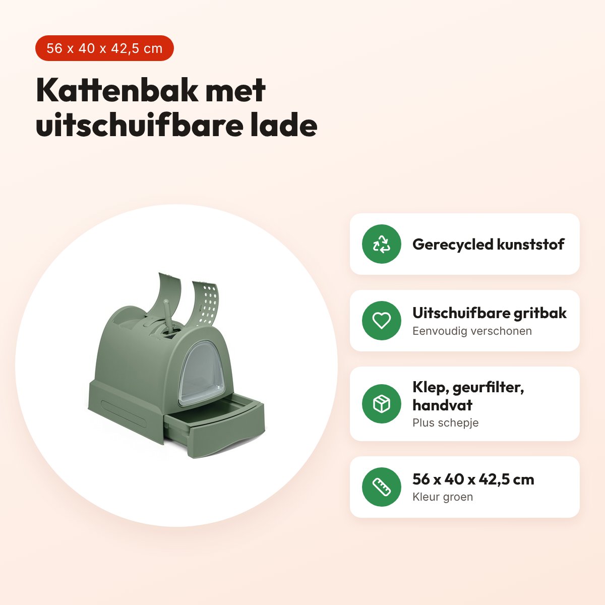 Imac kattenbak Zuma 2nd Life groen 56 x 40 x 42,5 cm – schuiflade – voordelen