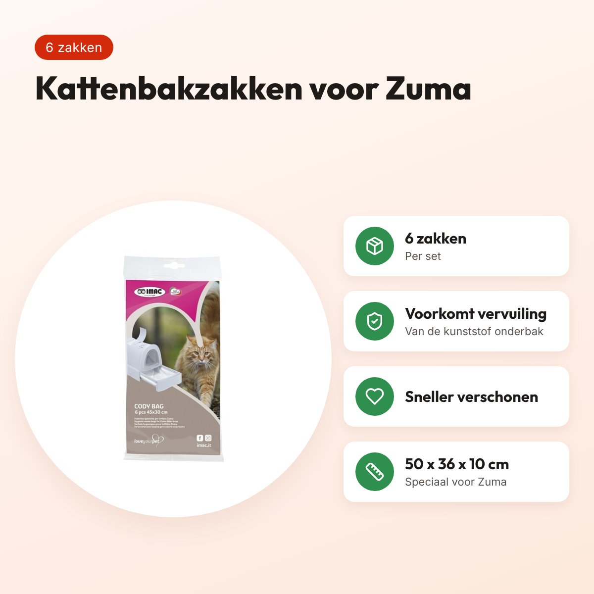 Imac kattenbakzak Cody voor Zuma 50 x 36 x 10 cm – set van 6 stuks – voordelen