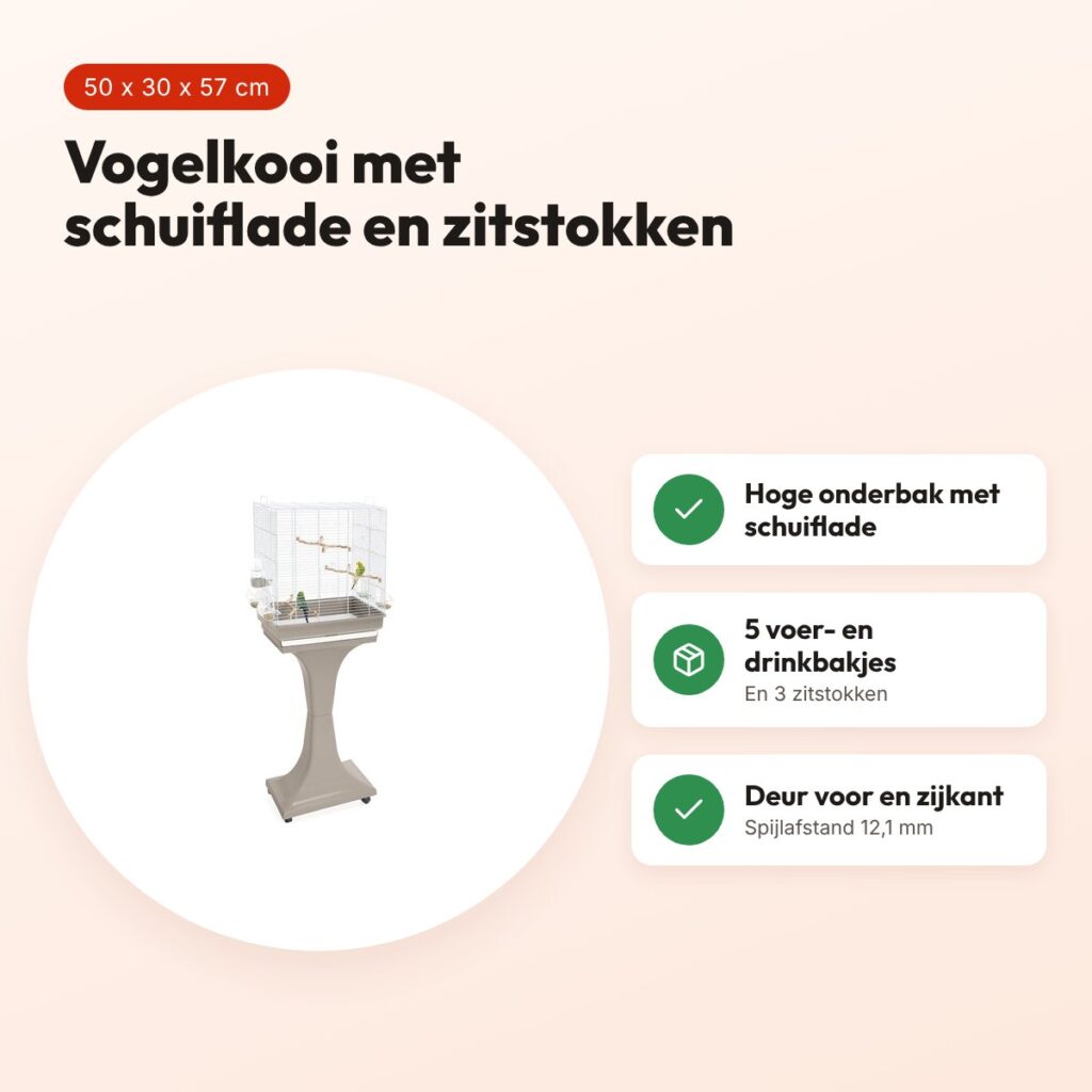 Imac vogelkooi Camilla taupe 50 x 30 x 57 cm – met schuiflade – voordelen