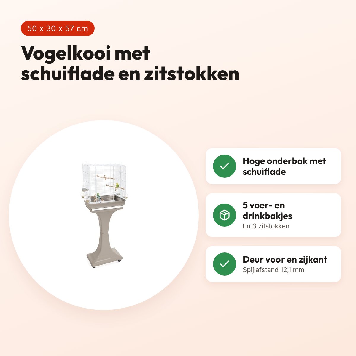 Imac vogelkooi Camilla taupe 50 x 30 x 57 cm – met schuiflade – voordelen