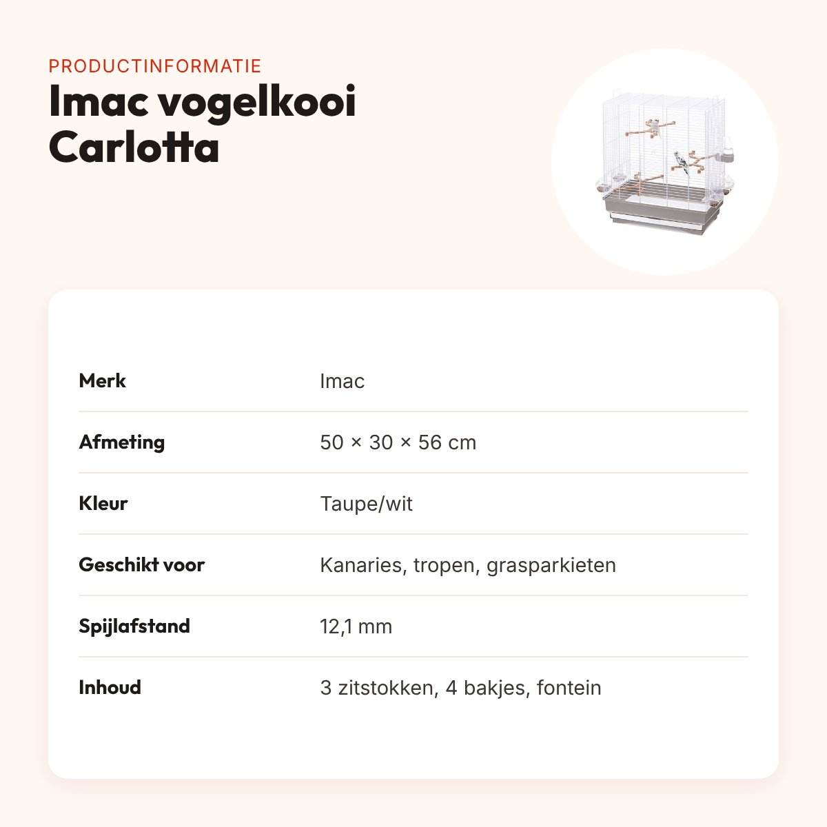 Imac vogelkooi Carlotta taupe/wit 50 x 30 x 56 cm – met schuiflade – productinformatie