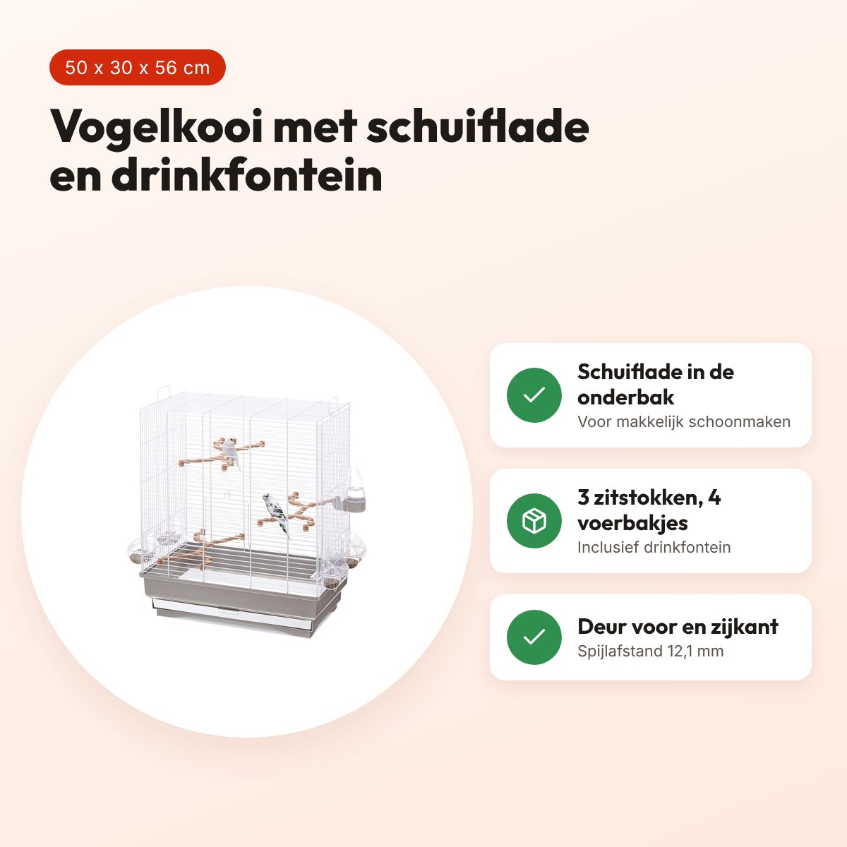 Imac vogelkooi Carlotta taupe/wit 50 x 30 x 56 cm – met schuiflade – voordelen