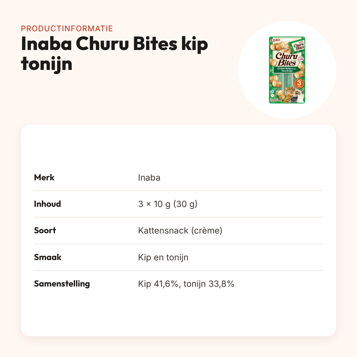 Inaba Churu Bites kattensnack kip met tonijn 3 x 10 g – productinformatie