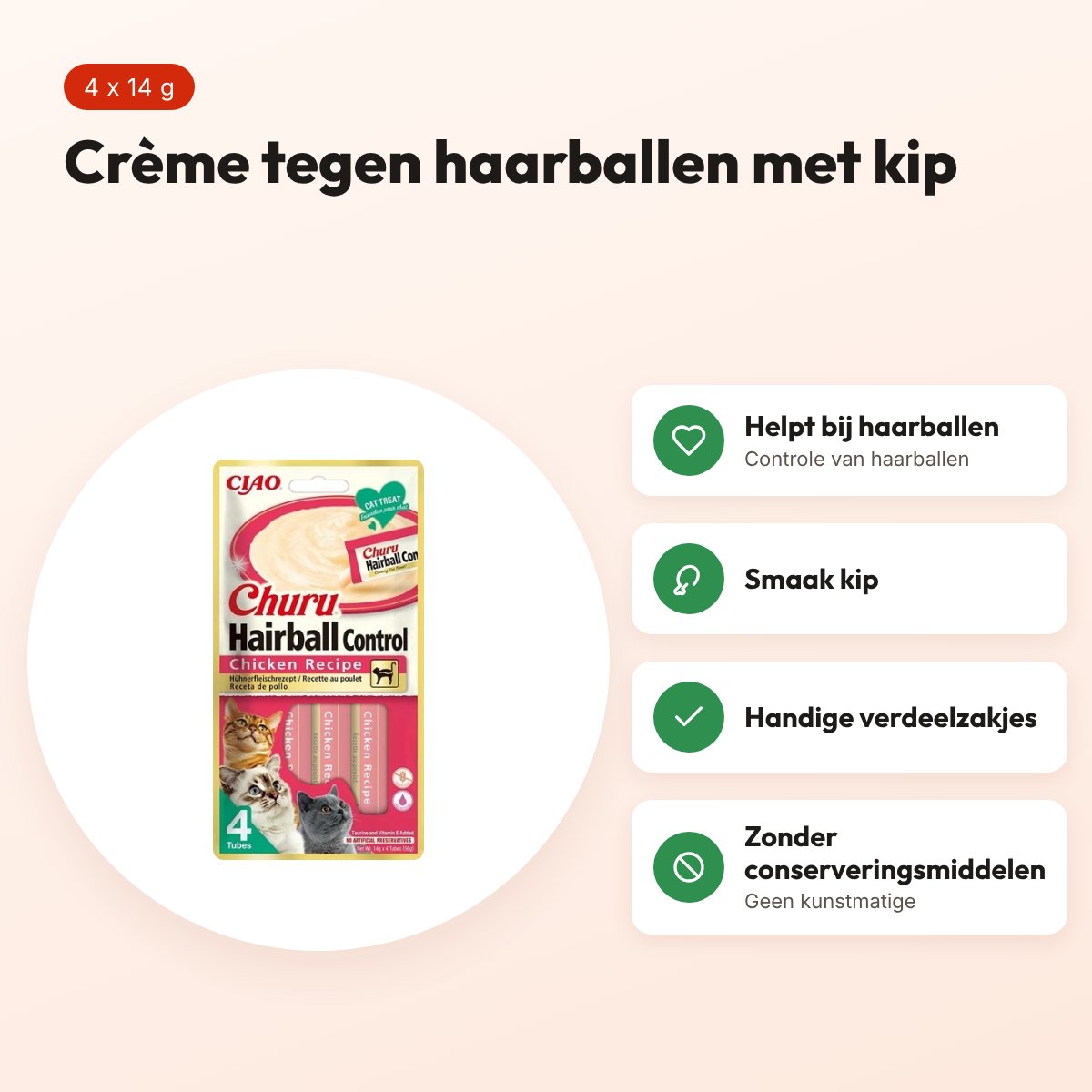 Inaba Churu Hairball kattensnack kip 4 x 14 g – haarballen – voordelen