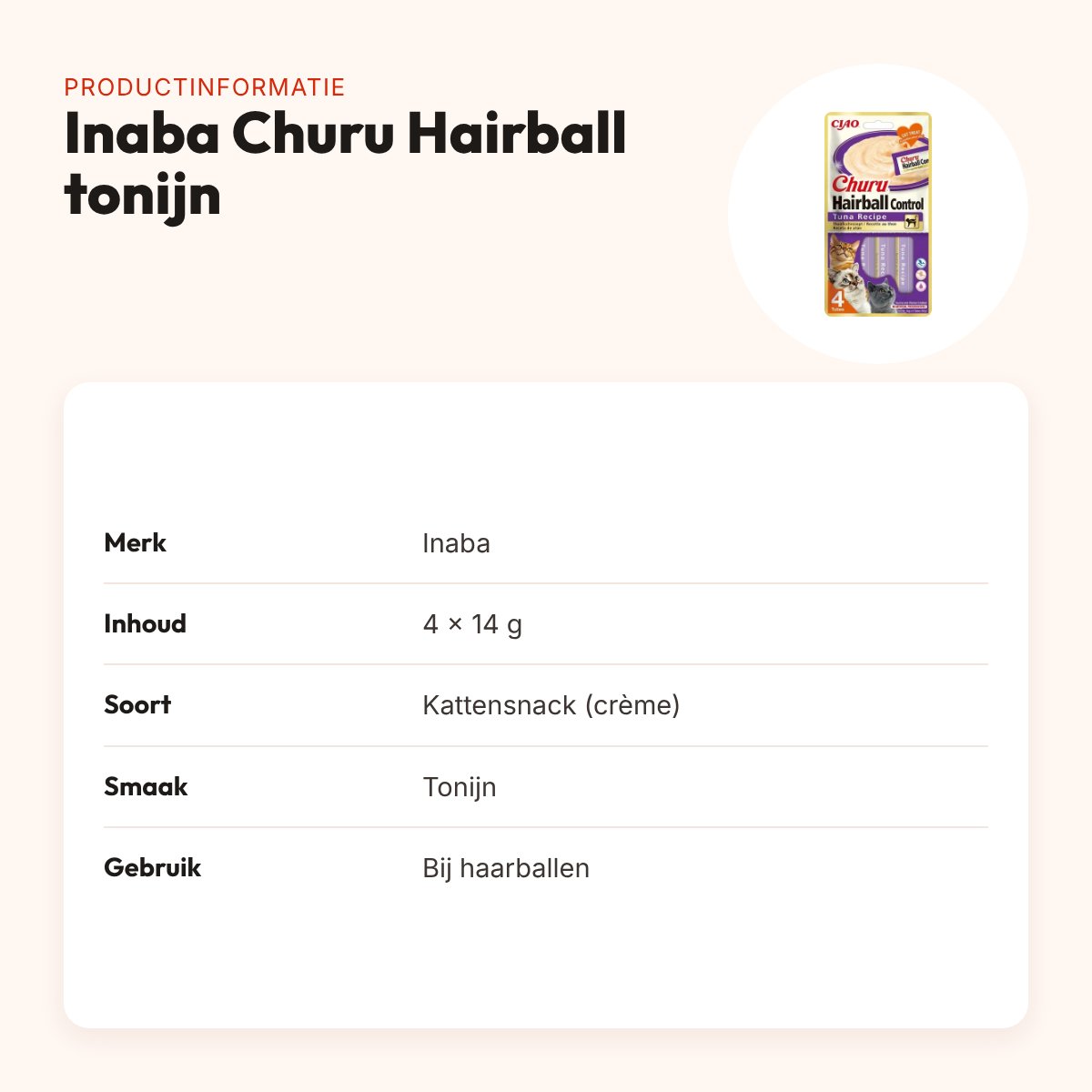 Inaba Churu Hairball kattensnack tonijn 4 x 14 g – haarballen – productinformatie