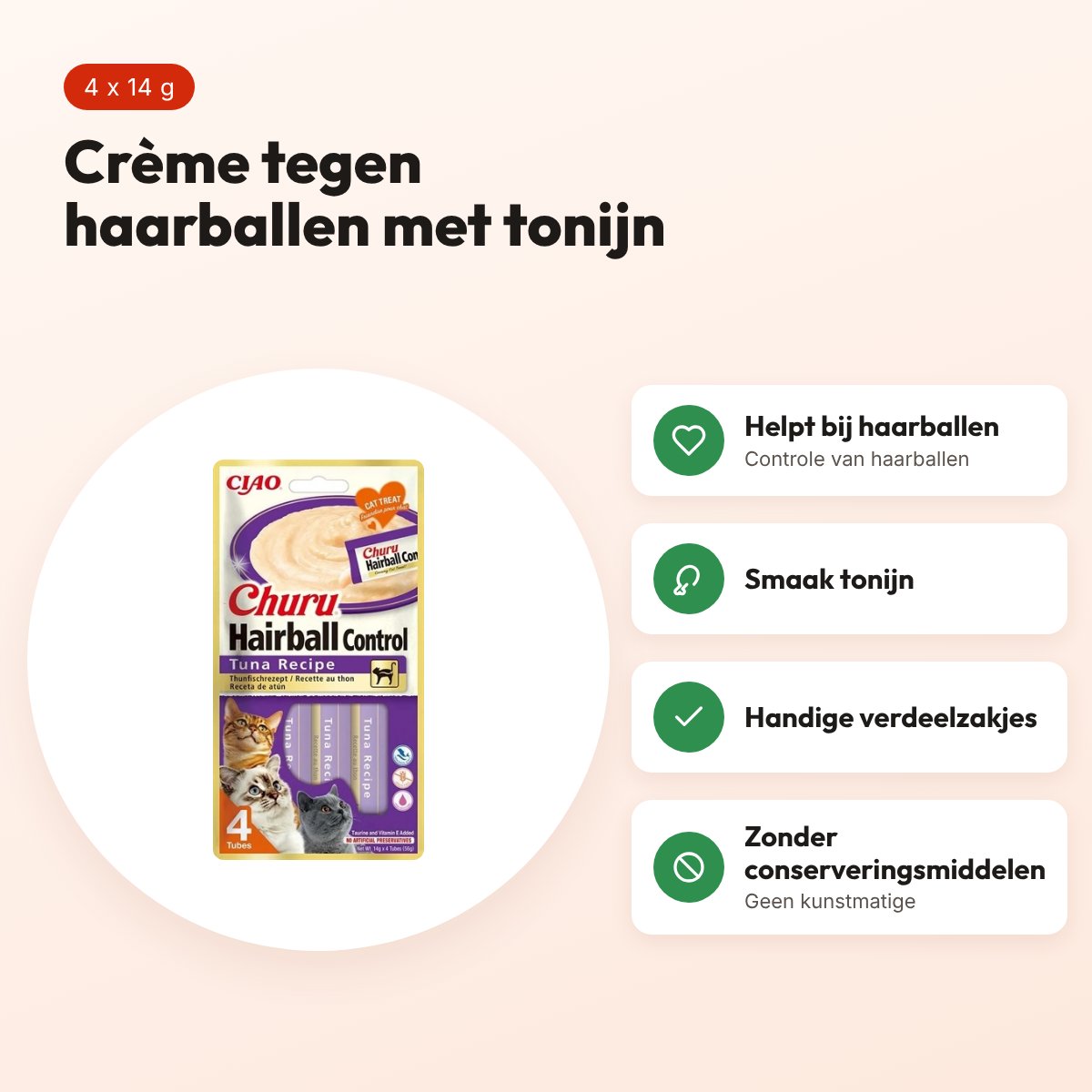 Inaba Churu Hairball kattensnack tonijn 4 x 14 g – haarballen – voordelen