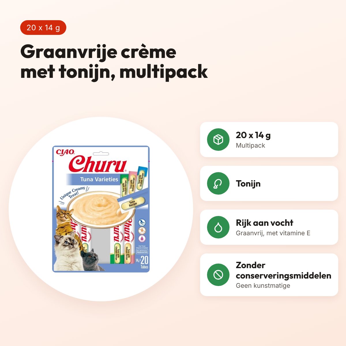 Inaba Churu kattensnack tonijn 20 x 14 g – graanvrije multipack – voordelen
