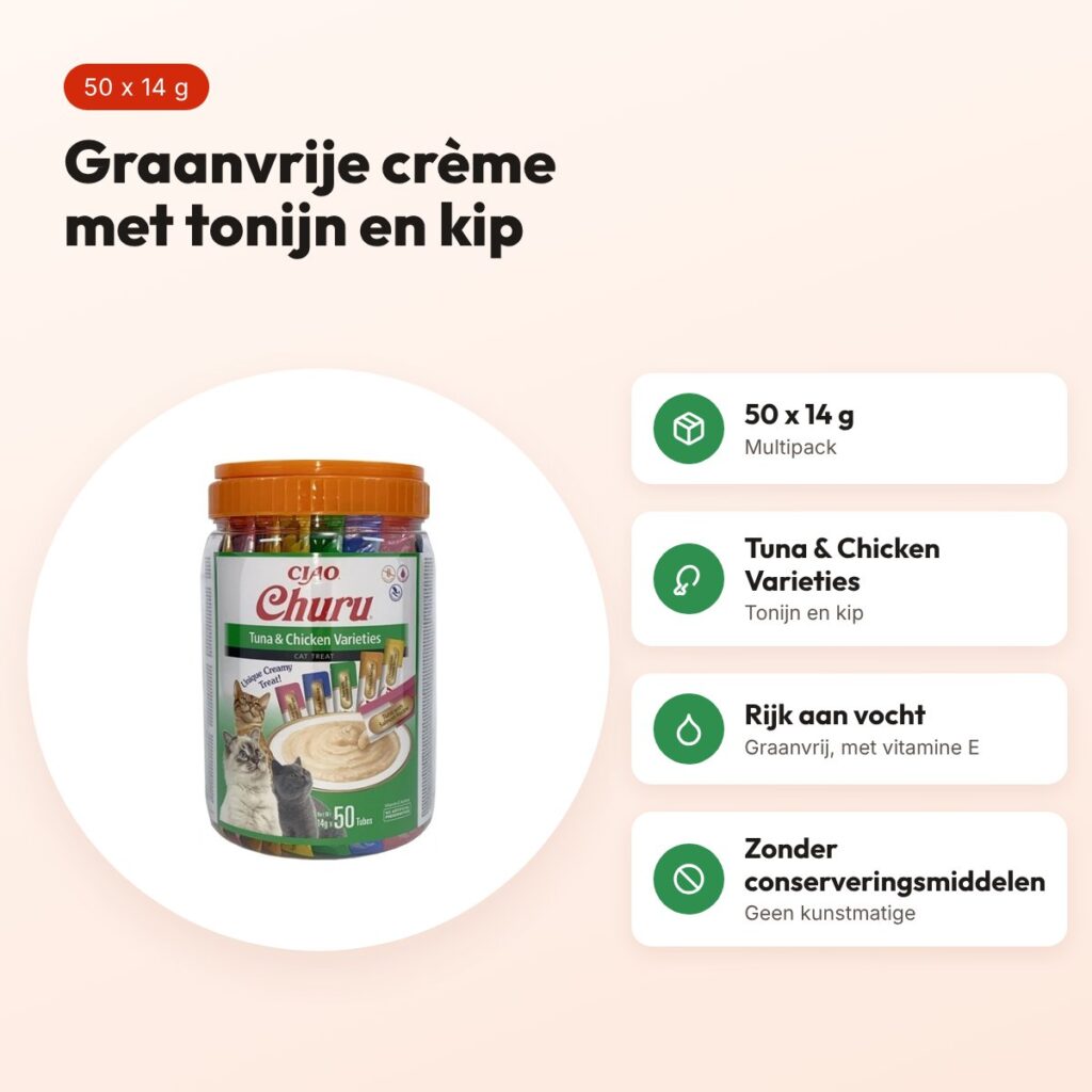 Inaba Churu kattensnack tonijn en kip 50 x 14 g – graanvrije multipack – voordelen