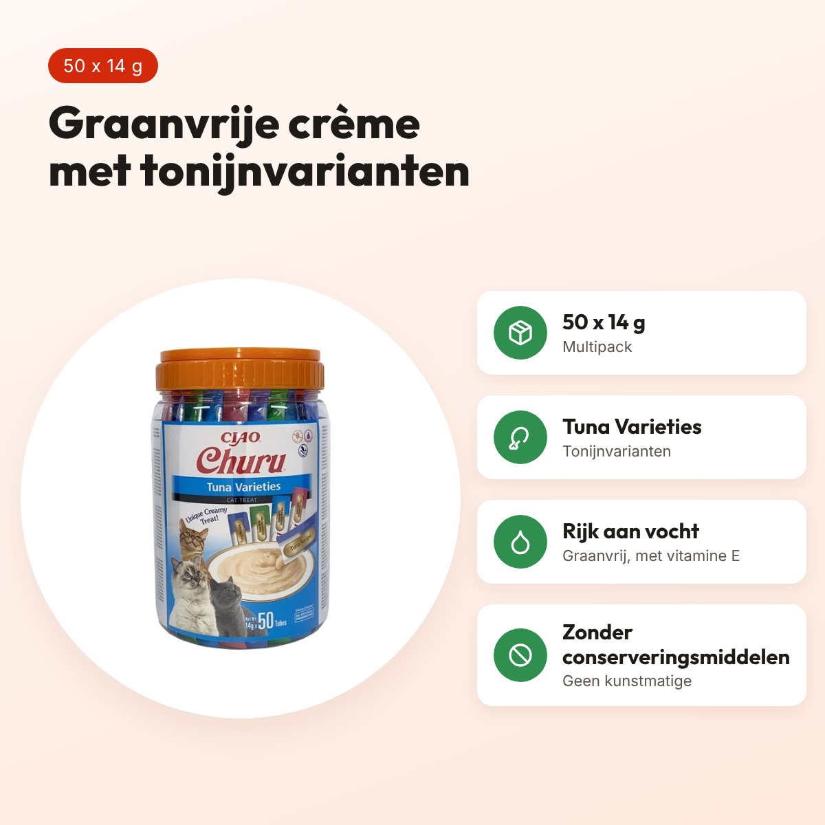 Inaba Churu kattensnack tonijnvarianten 50 x 14 g – graanvrije multipack – voordelen