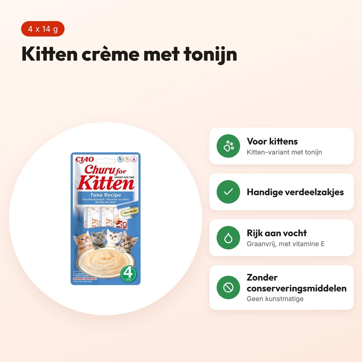 Inaba Churu Kitten kattensnack tonijn 4 x 14 g – romige crème – voordelen