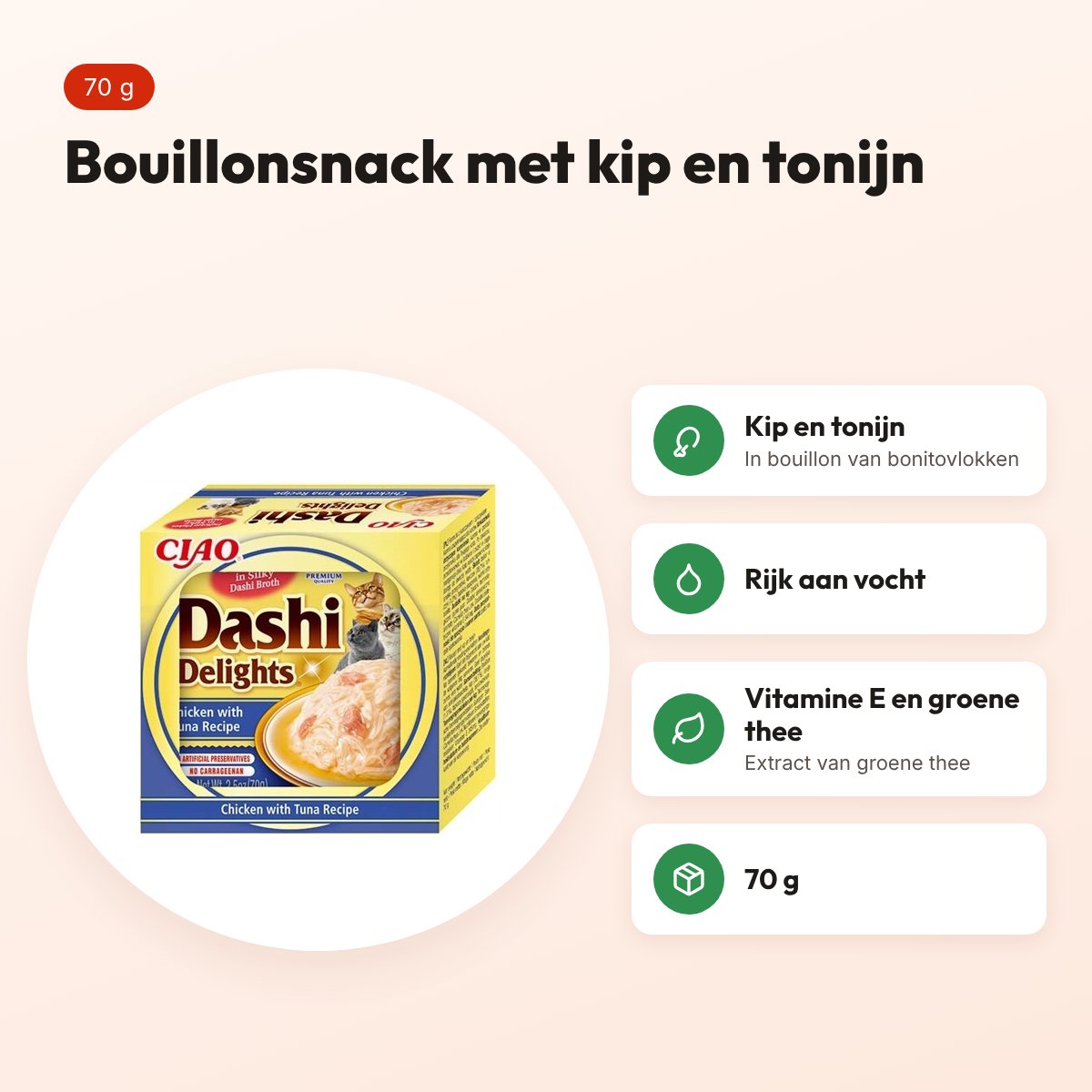 Inaba Dashi Delights kattensnack kip met tonijn 70 g – rijk aan vocht – voordelen