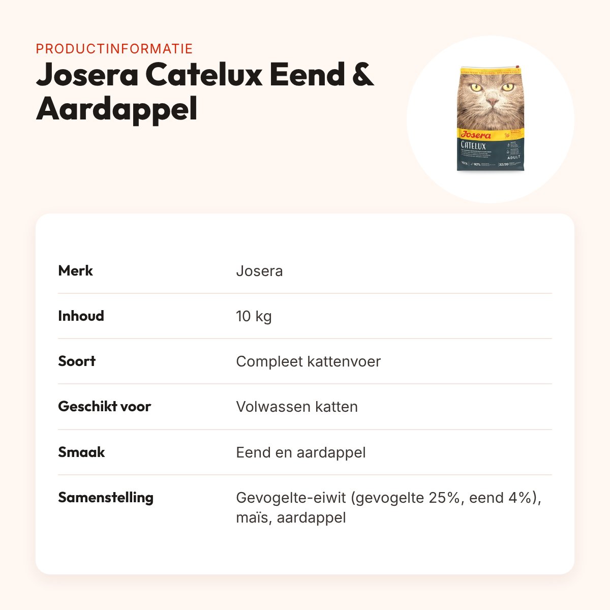 Josera Catelux kattenvoer Eend & Aardappel 10 kg – productinformatie