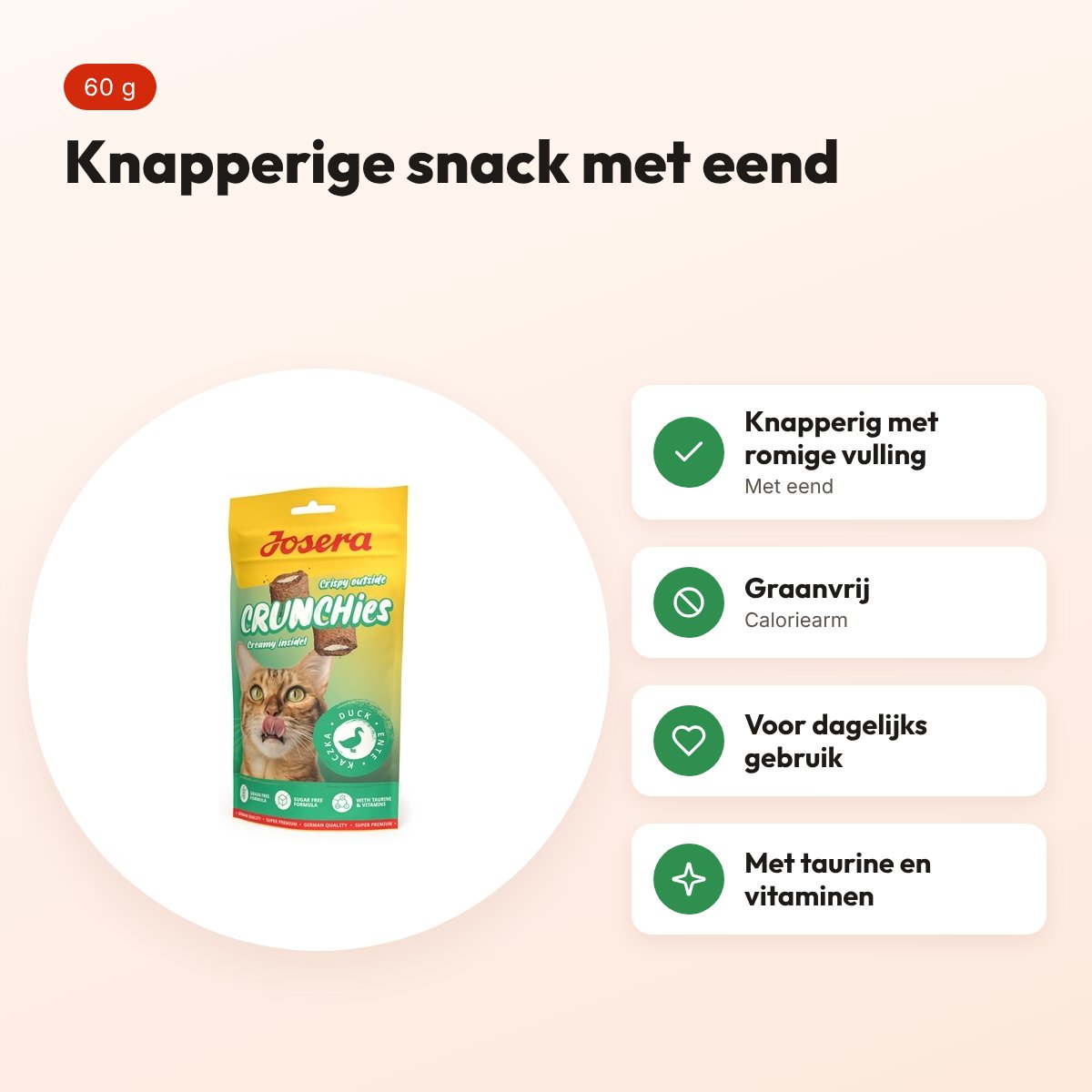 Josera Crunchies eend kattensnack 60 g – graanvrij – voordelen