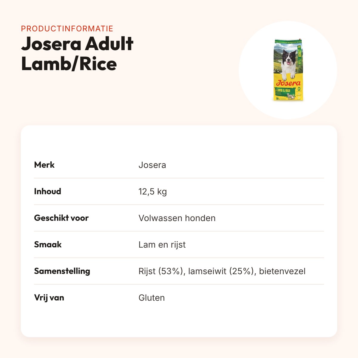 Josera hondenvoer Adult Lamb/Rice 12,5 kg – monoproteïne, glutenvrij – productinformatie