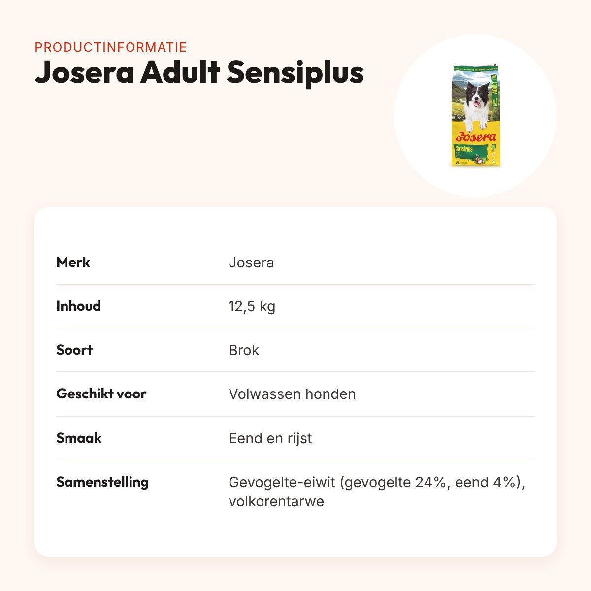 Josera hondenvoer Adult Sensiplus 12,5 kg – eend en rijst, glutenvrij – productinformatie